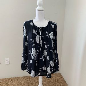Navy & White Floral Long Sleeve Blouse with Detail